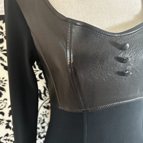 Orna Farho-Black Knit Dress with Leather Bodice Size 2 - Picture 2 of 2